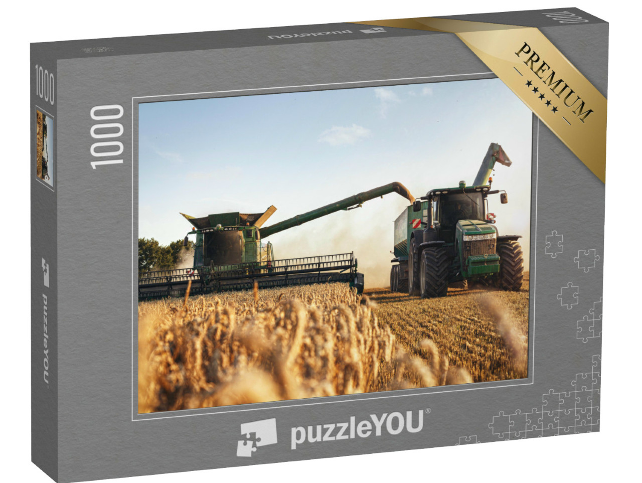 Puzzle 1000 pezzi „Mietitrebbia e trattore al lavoro in un campo di grano“