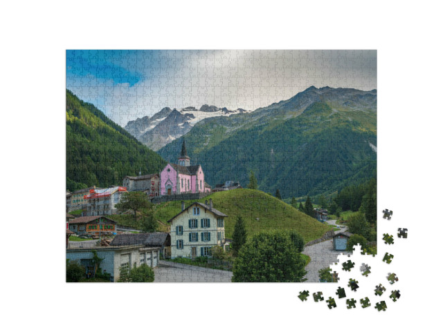 Puzzle 1000 pezzi „Una bella vista della chiesa di Trient Eglise Rose nelle Alpi svizzere con un paesaggio verdeggiante“