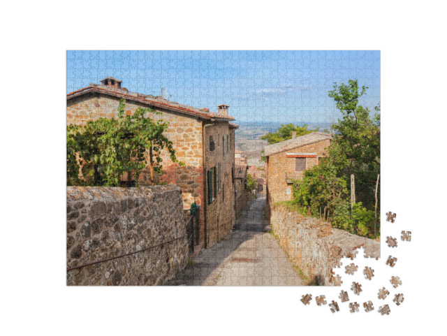 Puzzle 1000 pezzi „Strada e case a Montepulciano, Toscana, Italia, Bellissima strada stretta in pietra“