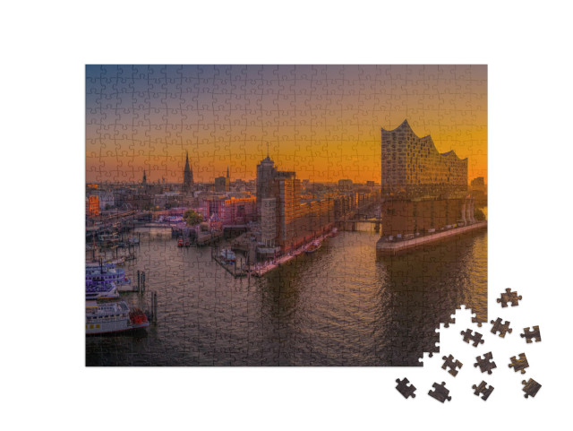 Puzzle 500 pezzi „L'alba su Amburgo con la sala concerti Elbphilharmonie“