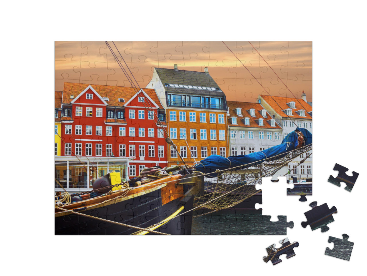 Puzzle 100 pezzi „Yacht e case colorate sul lungomare di Nyhavn“