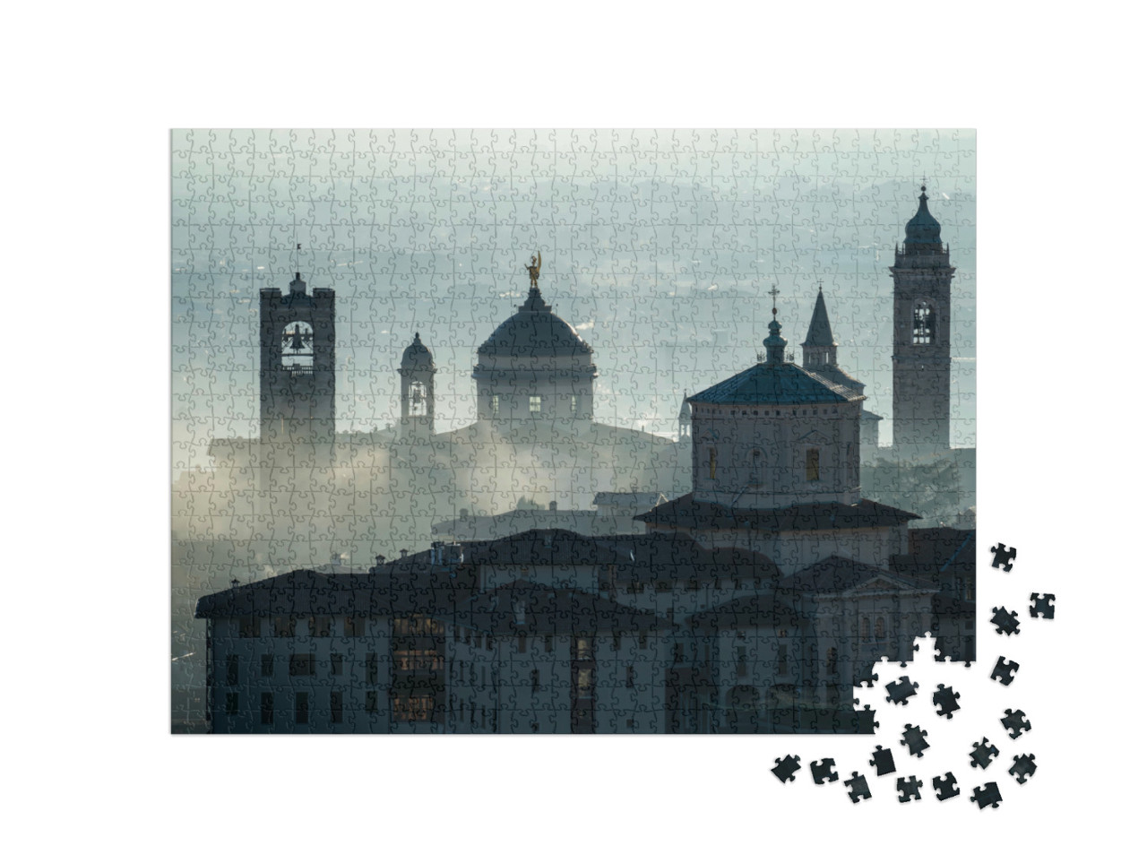 Puzzle 1000 pezzi „Bergamo: un paesaggio sorprendente visto dall'alto, la nebbia copre il centro storico della città“