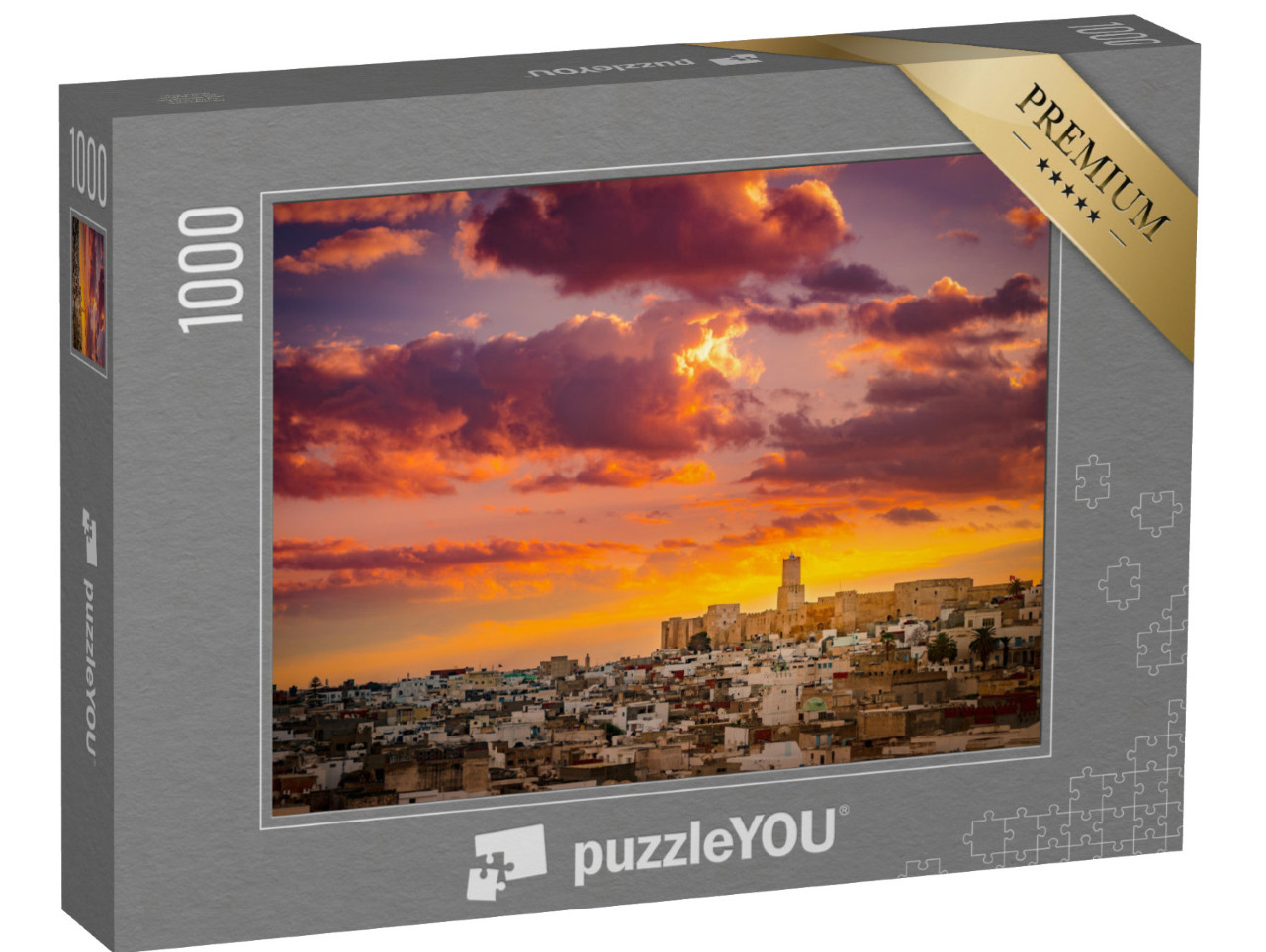 Puzzle 1000 pezzi „Alba sulla medina e sul castello della Kasbah a Sousse, Tunisia“