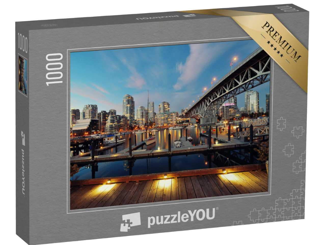 Puzzle 1000 pezzi „Vancouver False Creek di notte con ponte e barca“