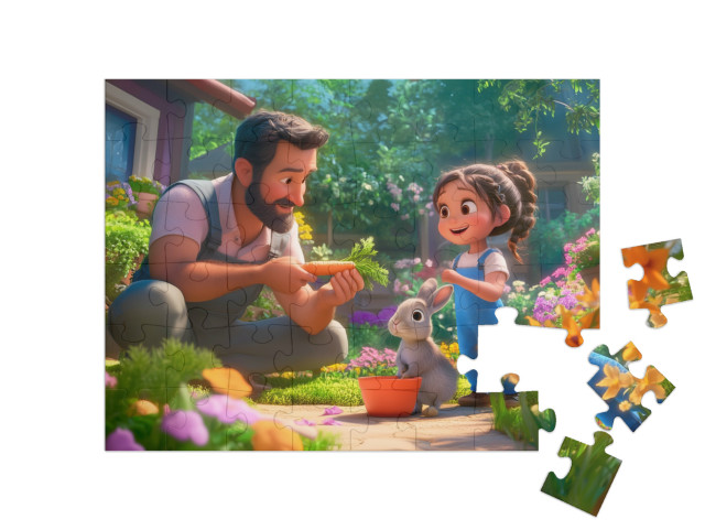 Puzzle 48 pezzi „Divertimento primaverile con papà e coniglio“