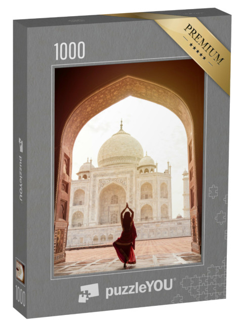 Puzzle 1000 pezzi „Donna indiana con sari rosso al Taj Mahal, India“