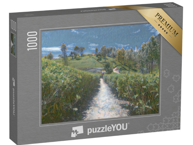 Puzzle 1000 pezzi „nello stile artistico di Claude Monet - Piantagioni e fabbrica di tè in Sri Lanka“