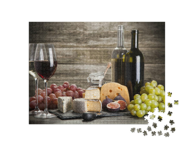 Puzzle 1000 pezzi „Natura morta di vino e formaggio con fichi e uva“