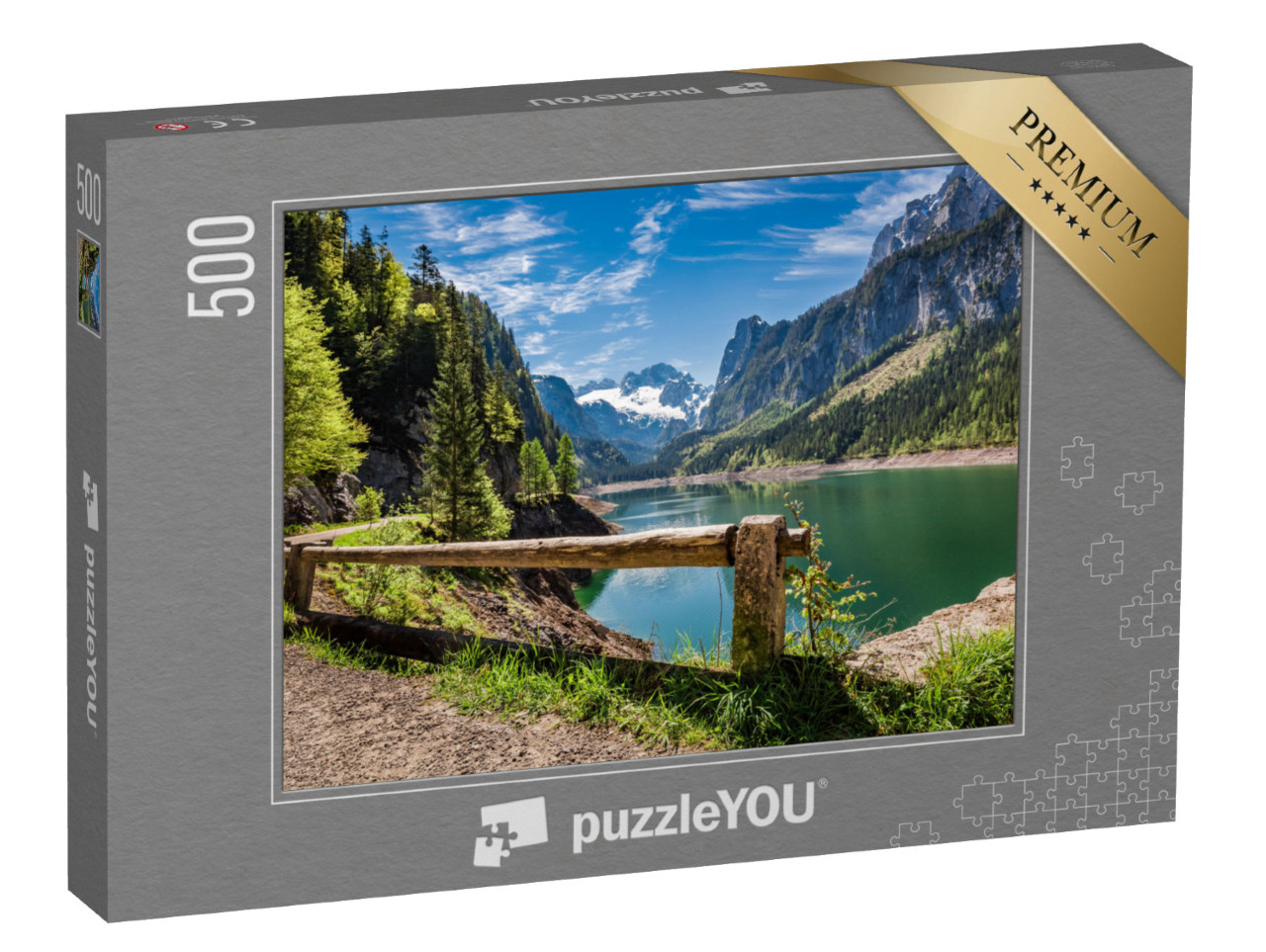 Puzzle 500 pezzi „Cielo blu brillante sul lago di Gosau a Gosau, Alpi, Austria“