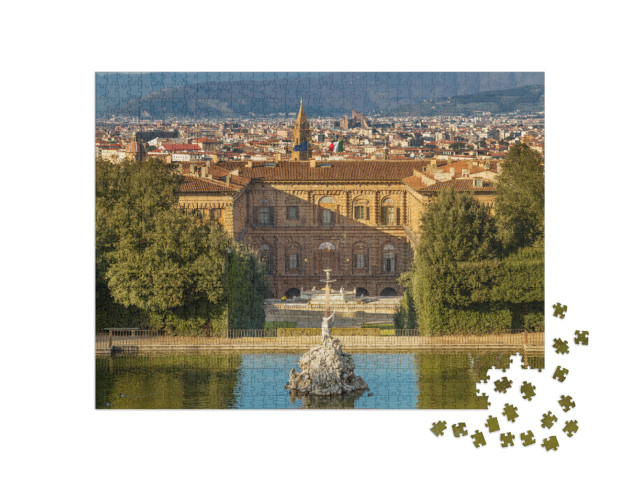 Puzzle 1000 pezzi „Il parco del Giardino di Boboli, la Fontana del Nettuno e una vista in lontananza di Palazzo Pitti“