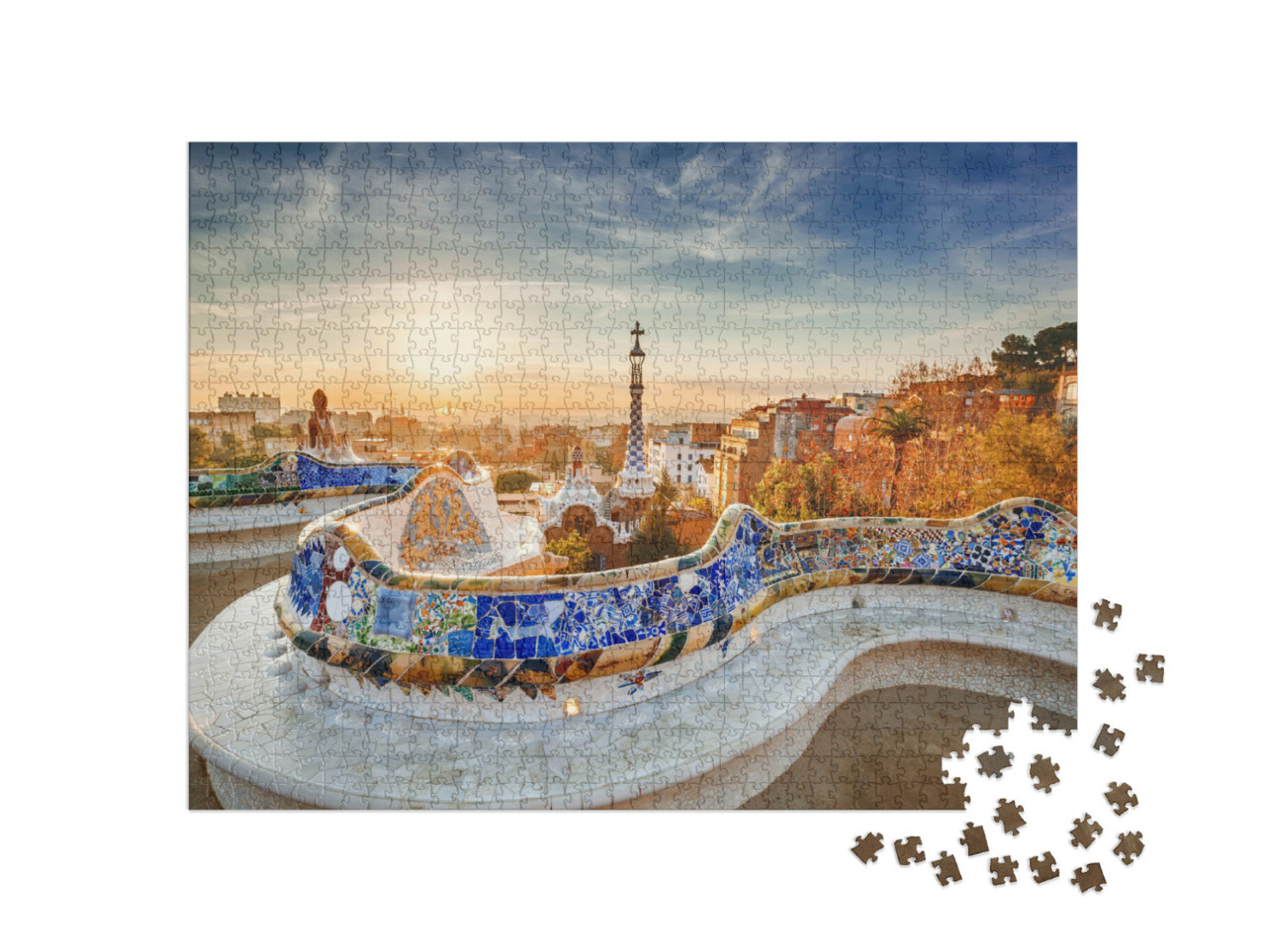 Puzzle 1000 pezzi „Alba a Park Güell con vista su Barcellona“