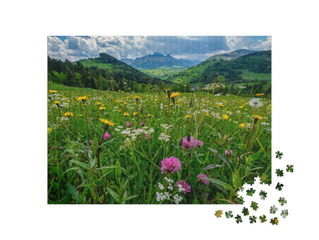 Puzzle 1000 pezzi „Un prato ricco di fiori di montagna sullo sfondo di Mala Fatra“