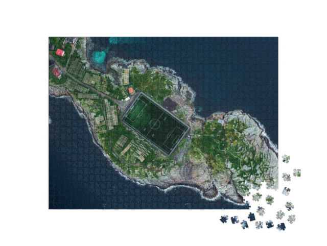 Puzzle 1000 pezzi „Vista aerea da drone di Henningsvaer nelle Isole Lofoten, Norvegia“