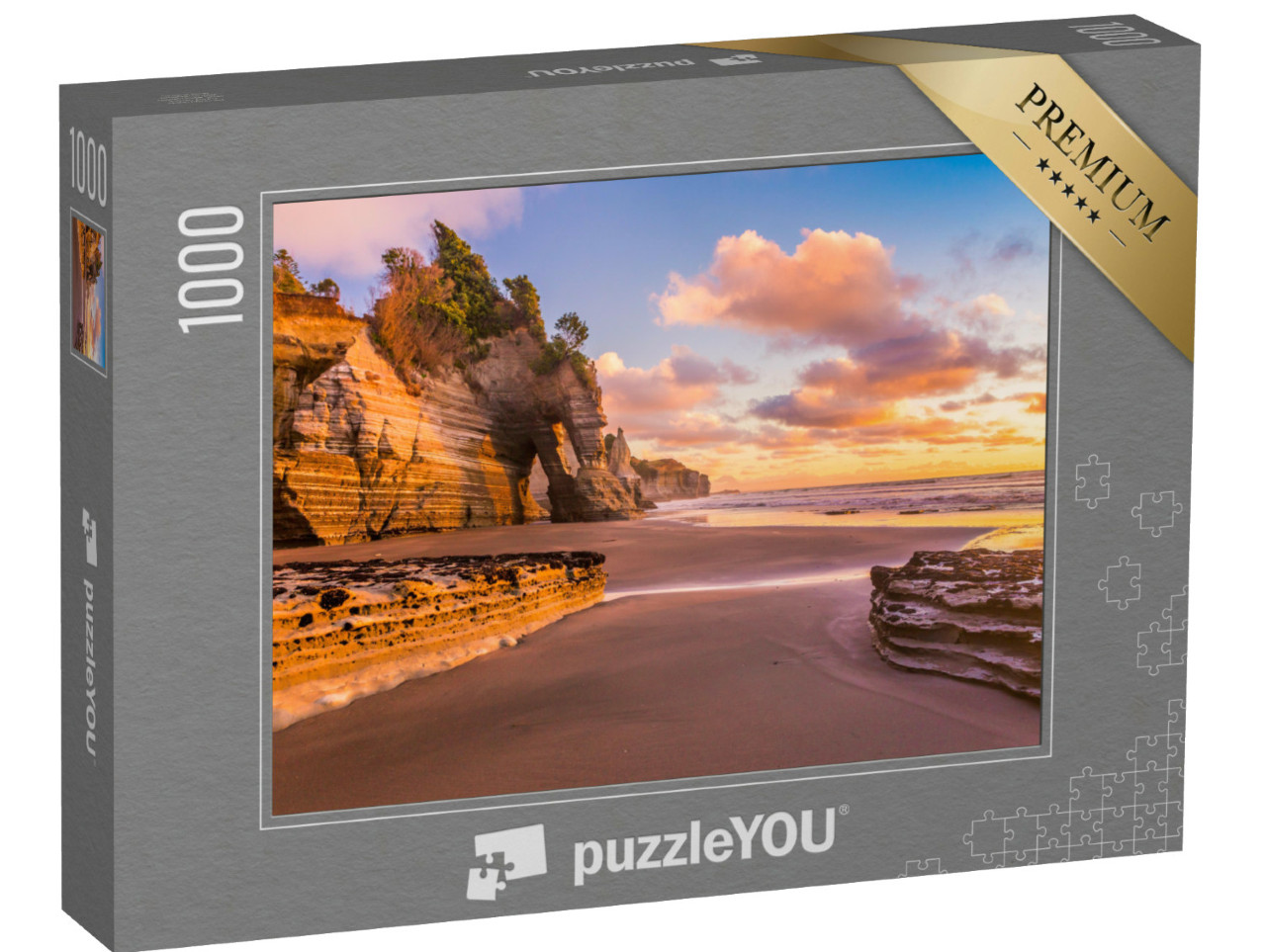 Puzzle 1000 pezzi „Tramonto su una spiaggia rocciosa nel distretto di Taranaki, Nuova Zelanda“
