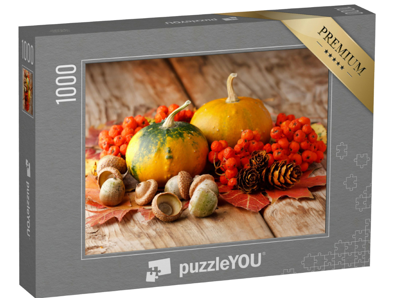 Puzzle 1000 pezzi „Zucche raccolte con foglie e noci autunnali“