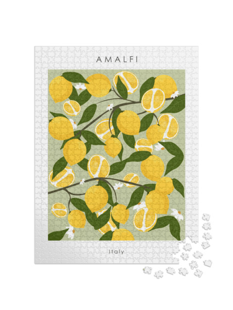 Puzzle 1000 pezzi „Illustrazione vettoriale. Amalfi, Italia. Poster. Design per poster, banner, cartolina. Limone, lime“