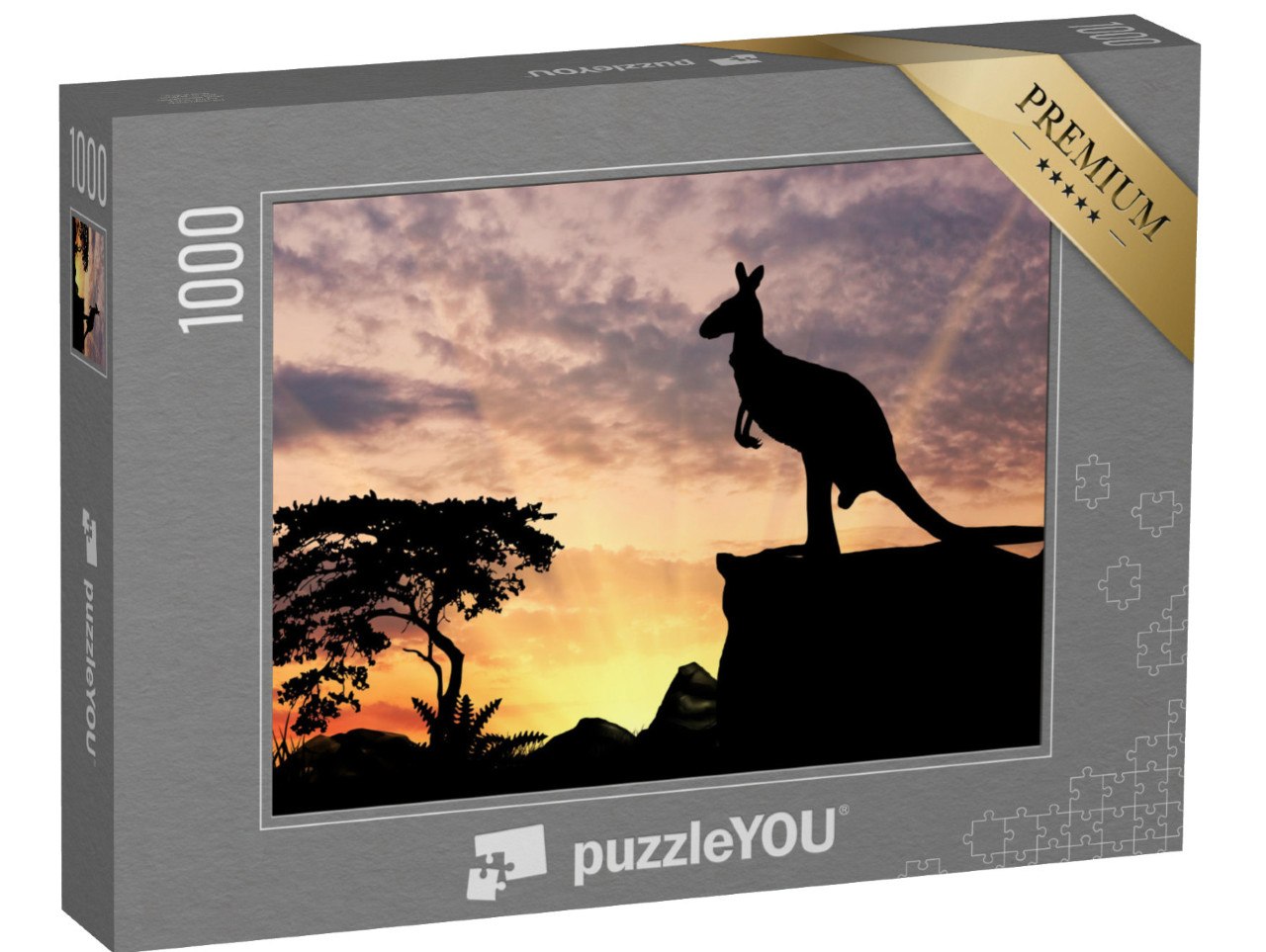 Puzzle 1000 pezzi „Silhouette di un canguro su una collina al tramonto“