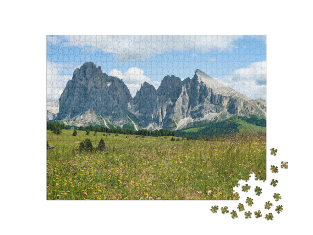 Puzzle 1000 pezzi „Campo alpino con fiori, Alpe di Siusi e Langkofel, Italia. Dolomiti, Alto Adige“