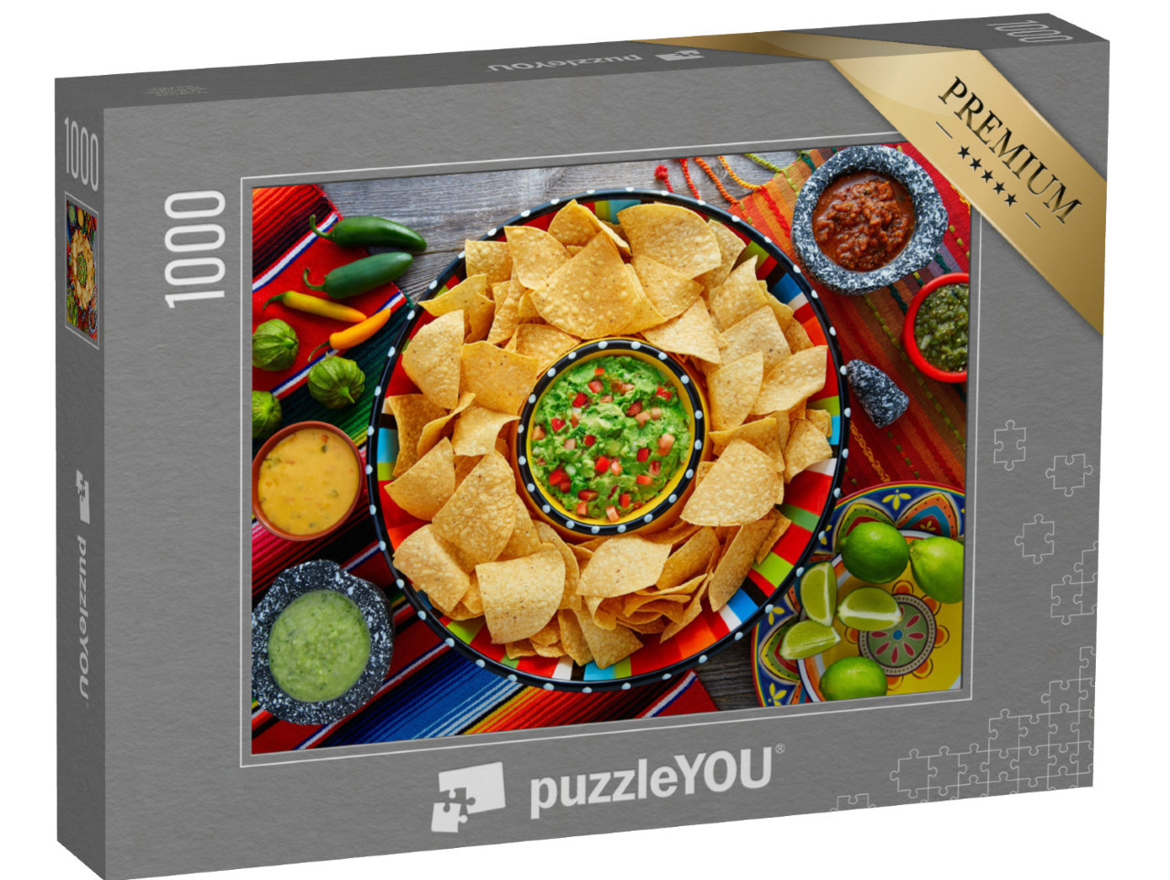 Puzzle 1000 pezzi „Nachos con tortilla chips al guacamole in un piatto sombrero“