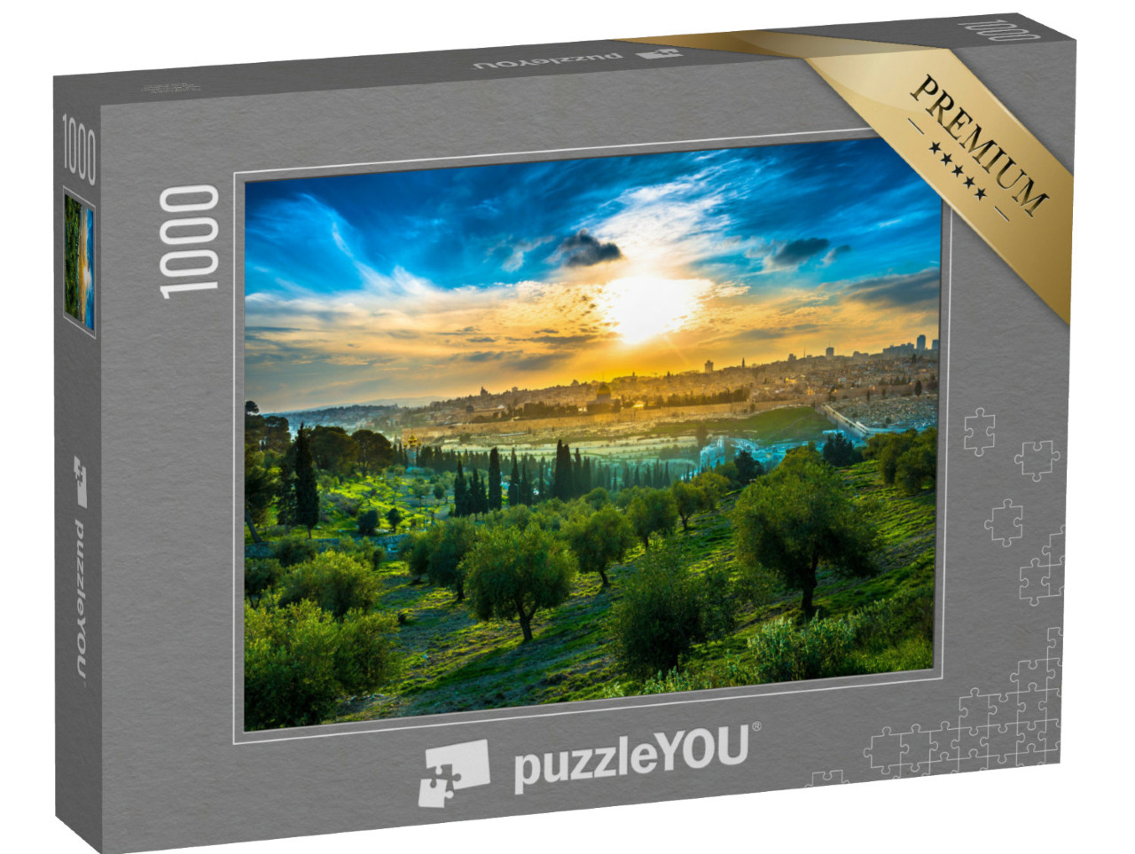 Puzzle 1000 pezzi „Un suggestivo tramonto sulla Città Vecchia e sul Monte degli Ulivi a Gerusalemme, Israele“
