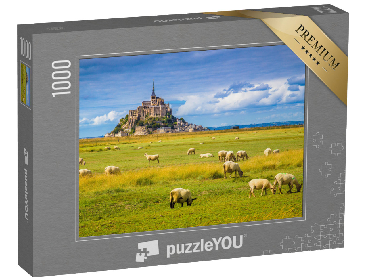 Puzzle 1000 pezzi „Le Mont Saint-Michel con pecore su prati verdi, Normandia, Francia“