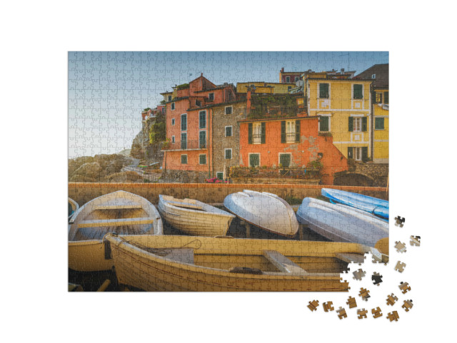 Puzzle 1000 pezzi „Barche nel villaggio di Tellaro al tramonto. Golfo dei Poeti. Regione Liguria, Italia, Europa.“