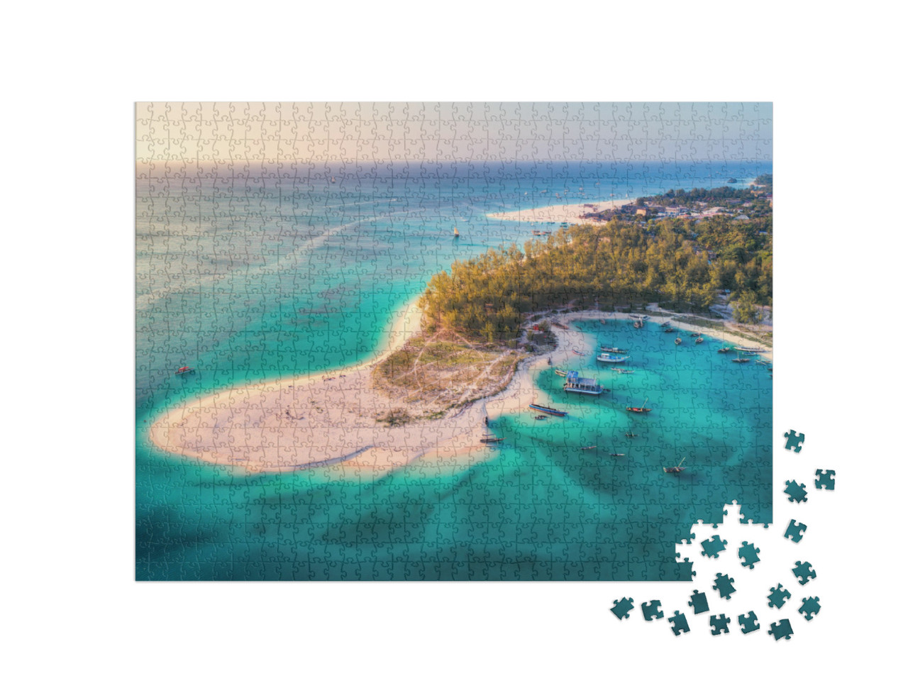 Puzzle 1000 pezzi „Barche da pesca sulla spiaggia di Zanzibar, Africa“