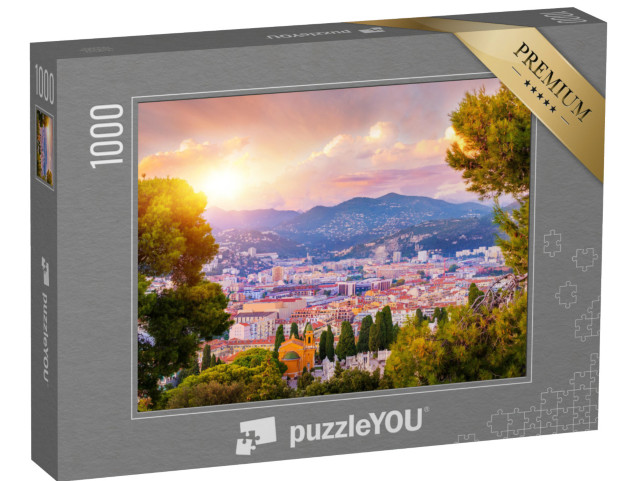 Puzzle 1000 pezzi „Vista aerea di Nizza, Costa Azzurra al tramonto, Francia“