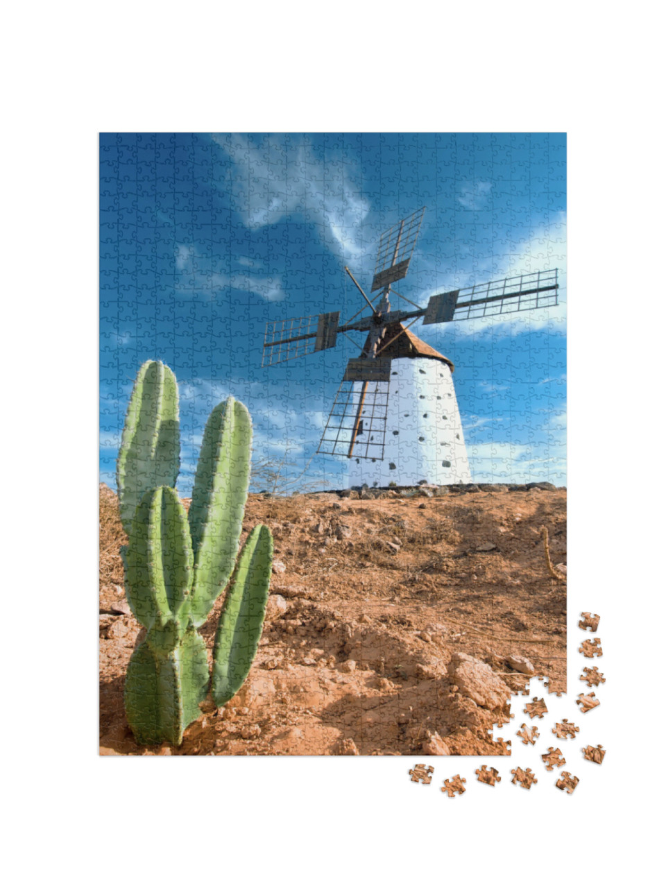 Puzzle 1000 pezzi „Cactus e mulino a vento tradizionale a Fuerteventura, Isole Canarie“