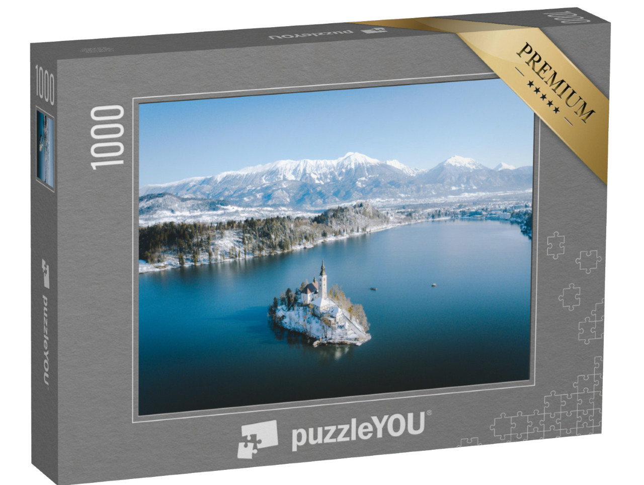 Puzzle 1000 pezzi „Vista panoramica del lago di Bled in inverno, Slovenia“