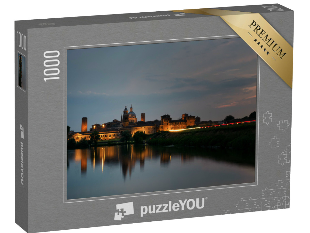 Puzzle 1000 pezzi „Lo splendido skyline di Mantova si riflette nel fiume Mincio all'imbrunire“