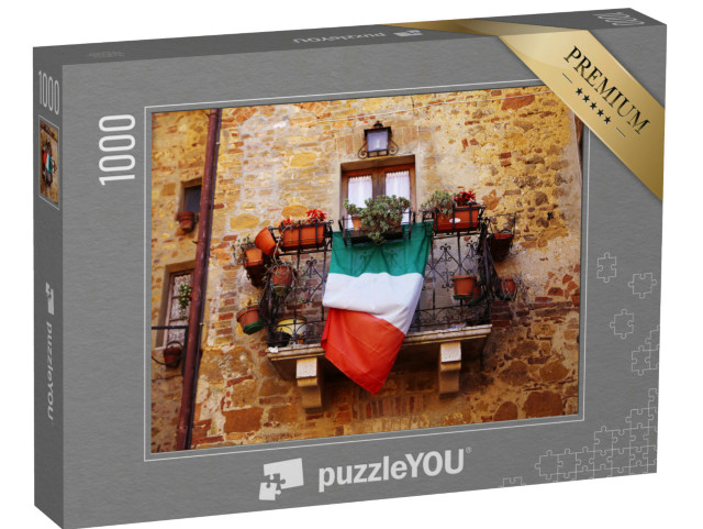 Puzzle 1000 pezzi „Tipico balcone italiano con bandiera e fiori a Montepulciano (Toscana)“