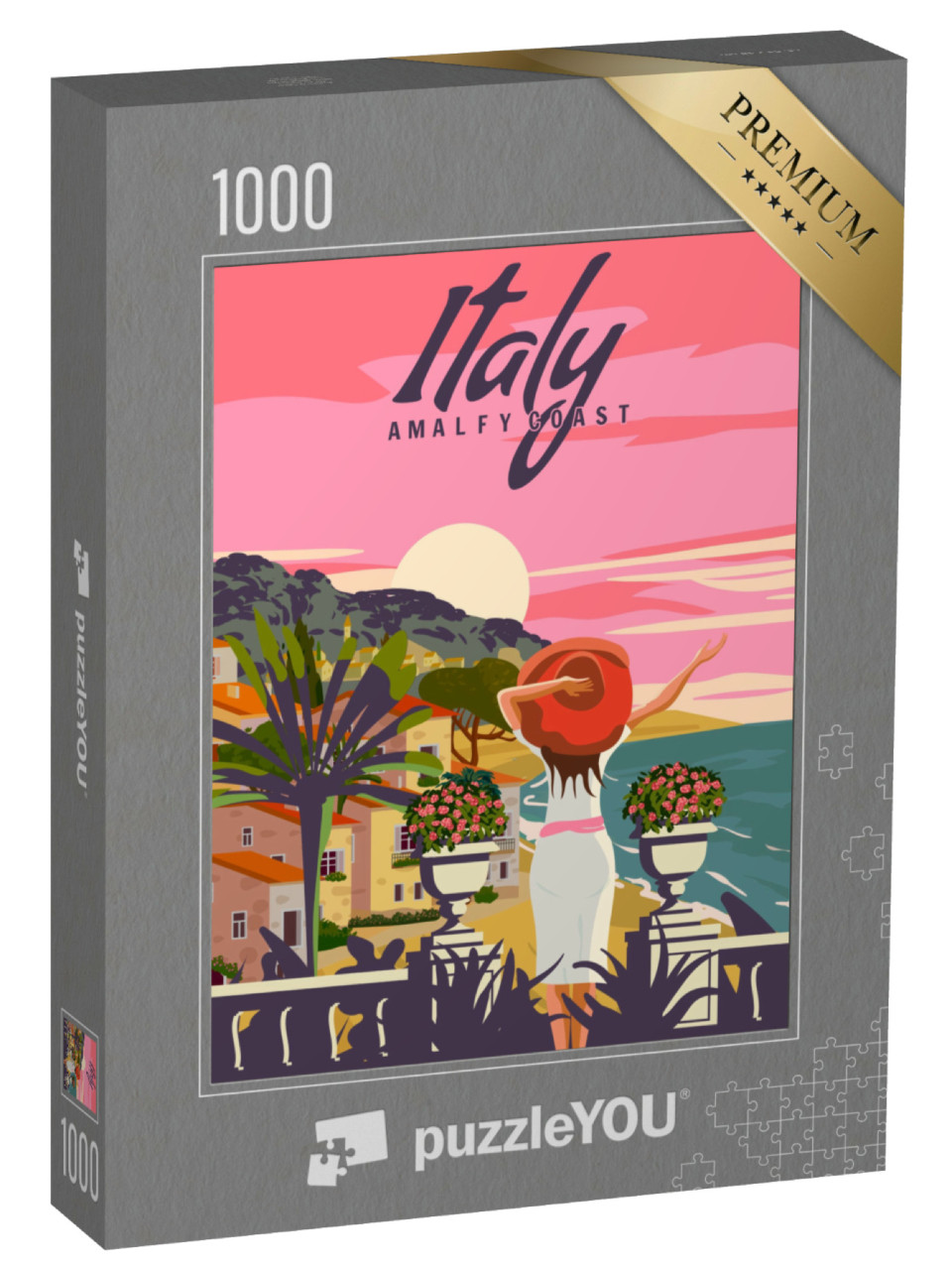 Puzzle 1000 pezzi „Italia, Signora in vacanza, Riviera coast poster vintage, palma, resort, costa, mare, spiaggia“
