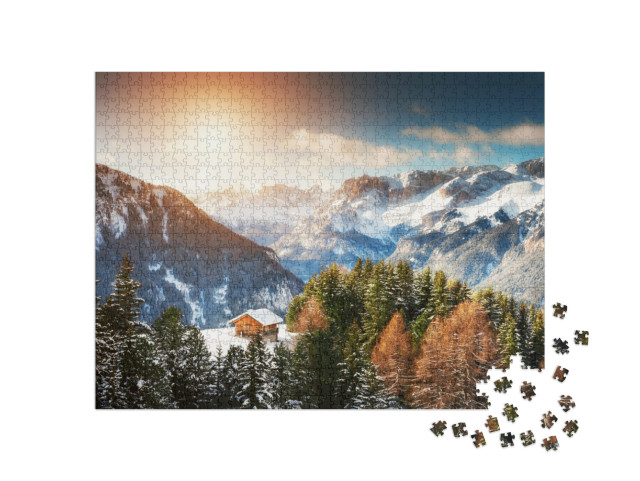 Puzzle 1000 pezzi „Casa di legno tra le montagne invernali“