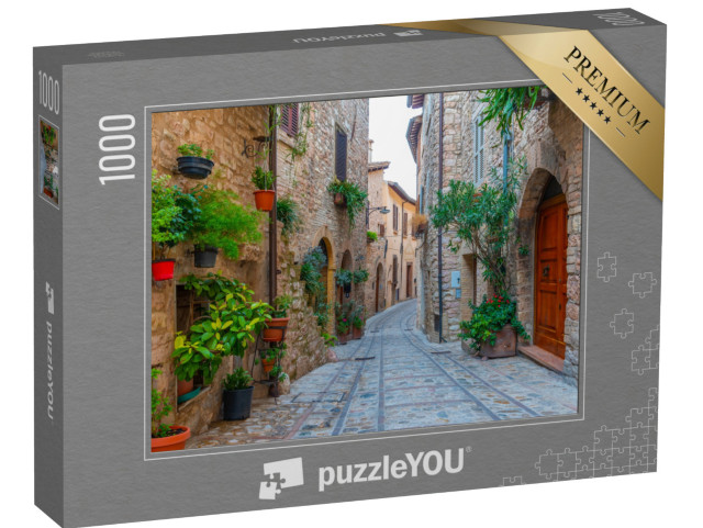 Puzzle 1000 pezzi „Una strada stretta nel centro storico di Spello, in Italia.“