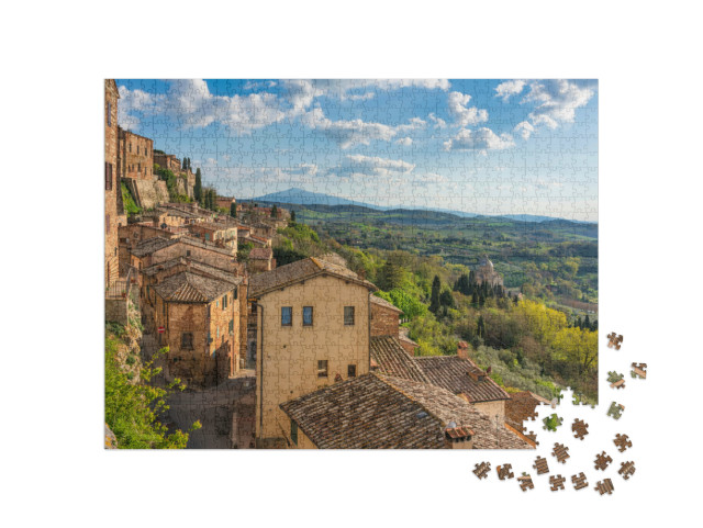 Puzzle 1000 pezzi „Montepulciano, borgo medievale italiano con la chiesa di San Biagio sullo sfondo. Siena, Toscana“