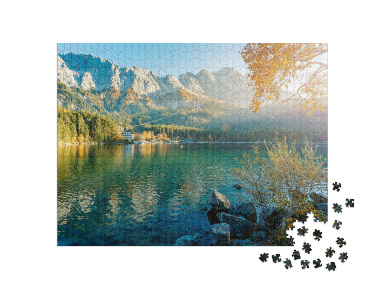 Puzzle 1000 pezzi „Paesaggio alpino con le Alpi tedesche e lo Zugspitze sul lago Eibsee, Baviera“