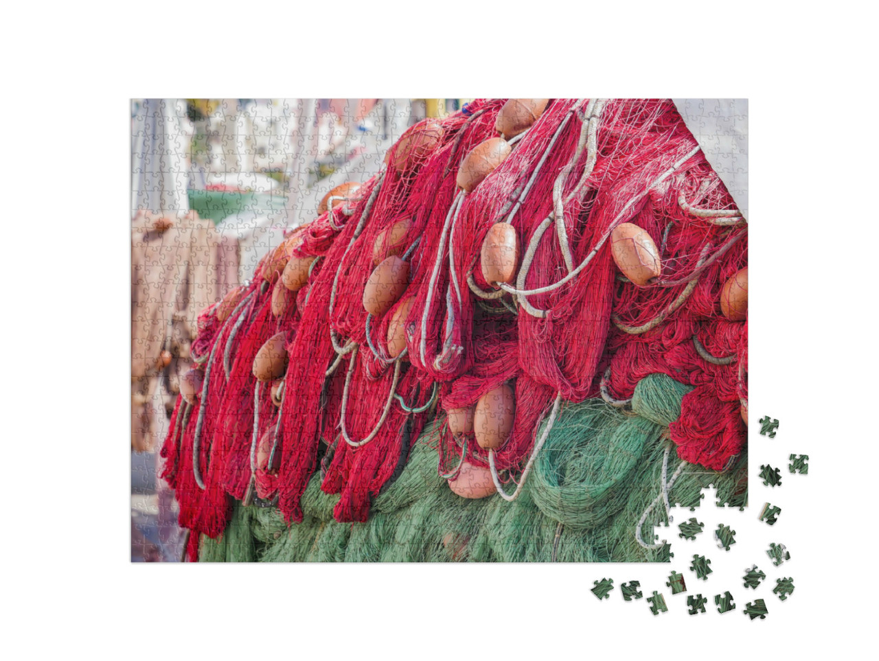 Puzzle 1000 pezzi „Porto di pesca tradizionale, reti, galleggianti, Isola di Procida, Italia“