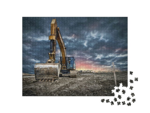 Puzzle 1000 pezzi „Macchine escavatrici in un cantiere al tramonto“