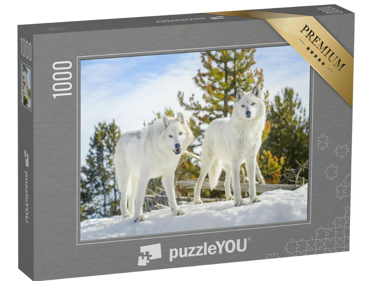 Puzzle 1000 pezzi „Due lupi della foresta in un paesaggio selvaggio e innevato“
