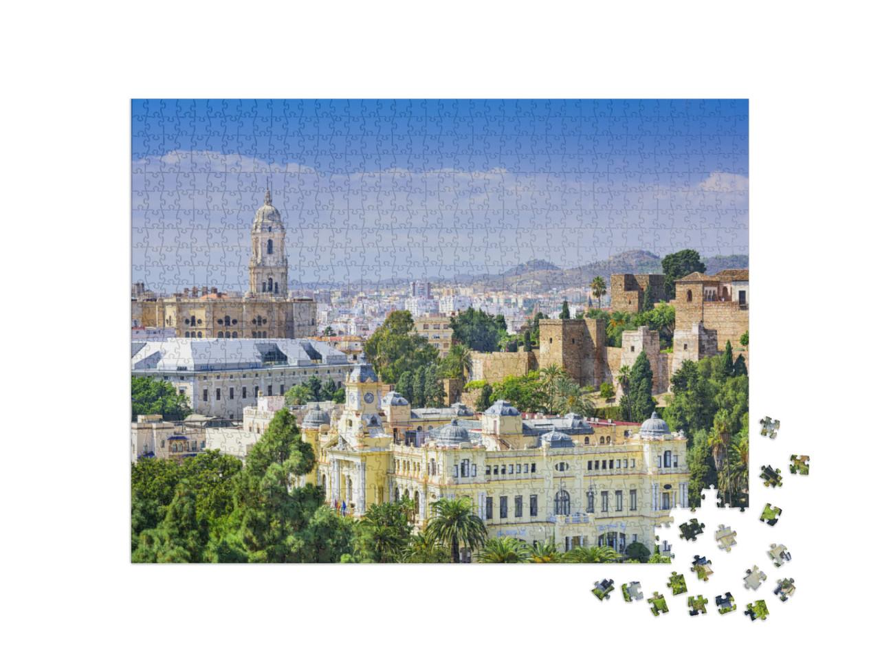 Puzzle 1000 pezzi „Paesaggio urbano di Malaga con la cattedrale e il municipio, Spagna“