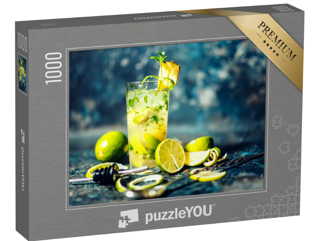 Puzzle 1000 pezzi „Cocktail di gin e lime con ananas e ghiaccio servito freddo dal barman“