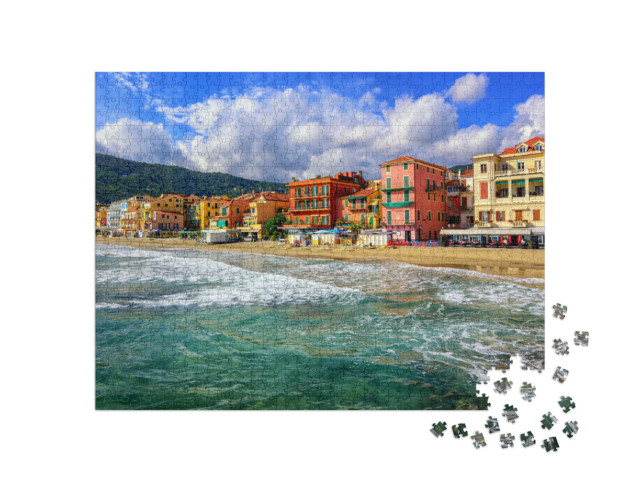 Puzzle 1000 pezzi „Spiaggia di sabbia mediterranea nella città di Alassio, sulla Riviera italiana, vicino a San Remo, Italia“