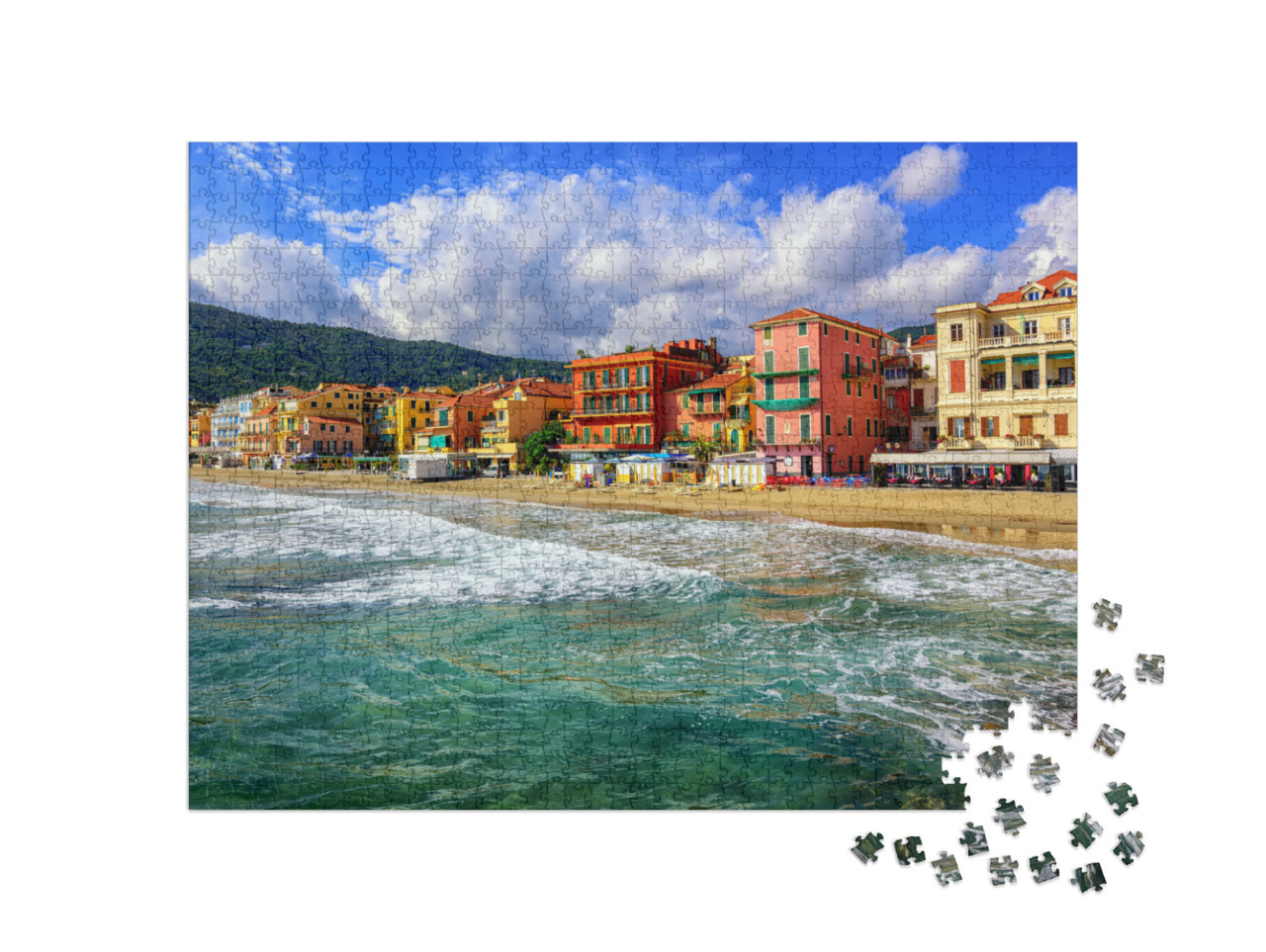 Puzzle 1000 pezzi „Spiaggia di sabbia mediterranea nella città di Alassio, sulla Riviera italiana, vicino a San Remo, Italia“