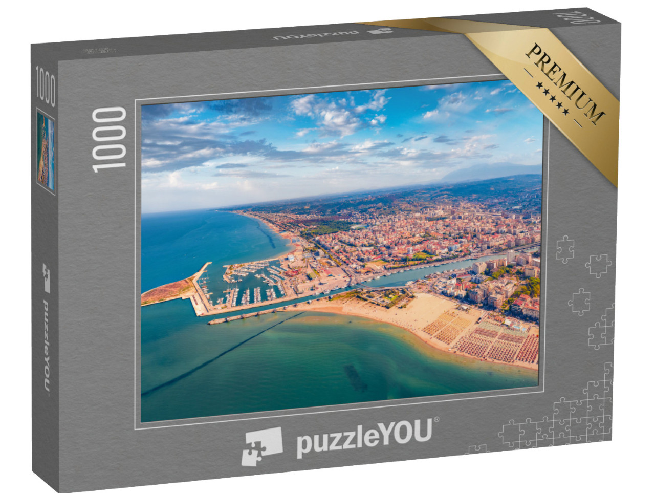 Puzzle 1000 pezzi „Vista estiva colorata di un drone in volo sul porto di Pescara“