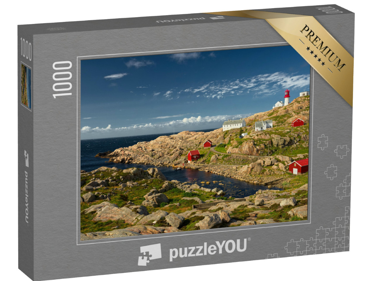 Puzzle 1000 pezzi „Faro sul bordo della costa rocciosa, Norvegia meridionale“