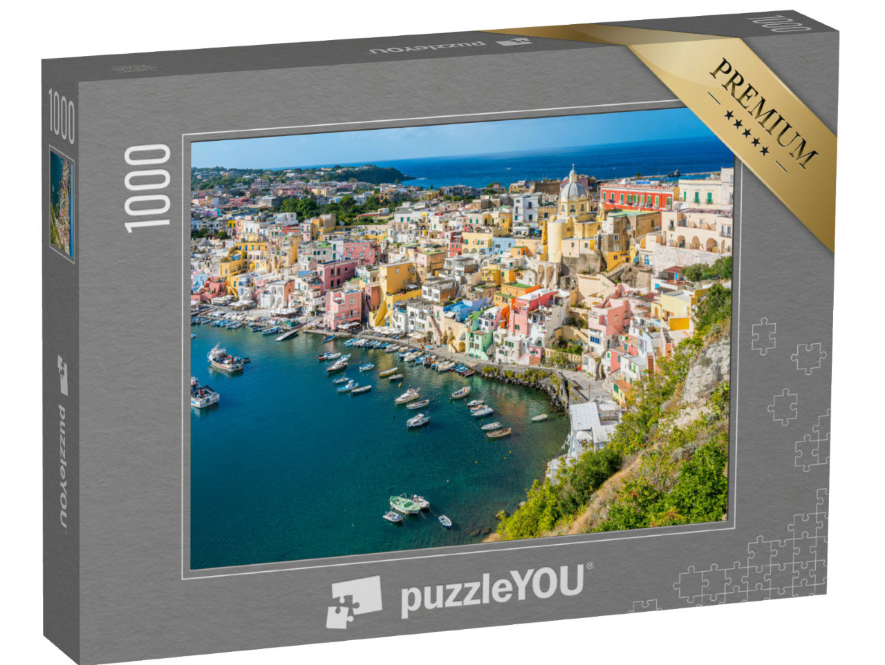 Puzzle 1000 pezzi „Vista panoramica della splendida isola di Procida, vicino a Napoli, regione Campania, Italia.“