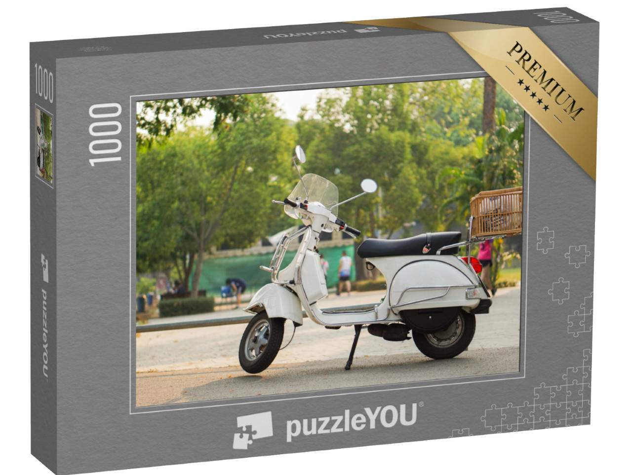 Puzzle 1000 pezzi „Vespa bianca vintage parcheggiata davanti al giardino.“