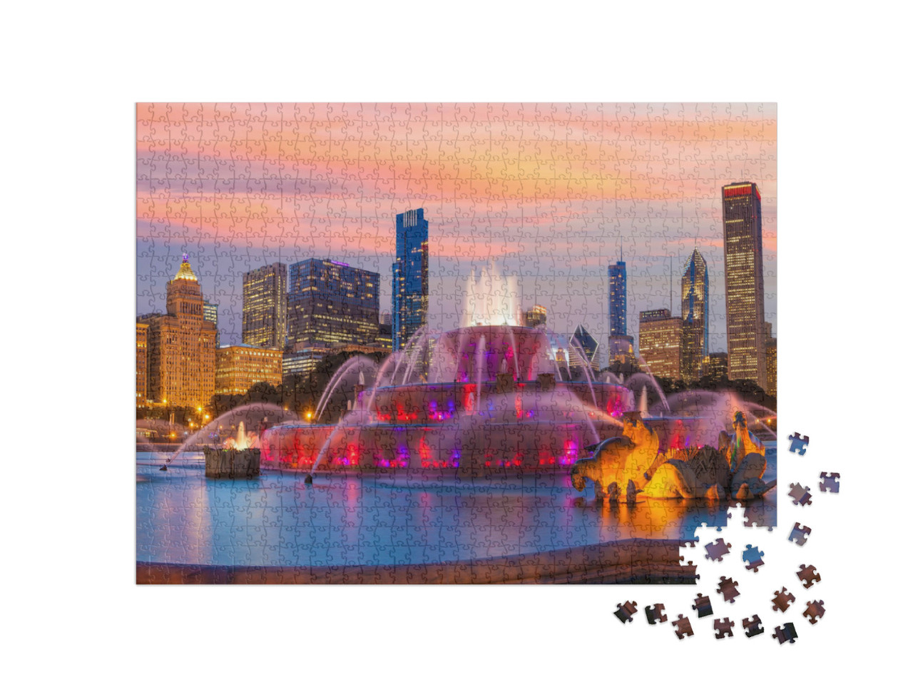 Puzzle 1000 pezzi „Panorama dello skyline di Chicago con i grattacieli e la Fontana di Buckingham“