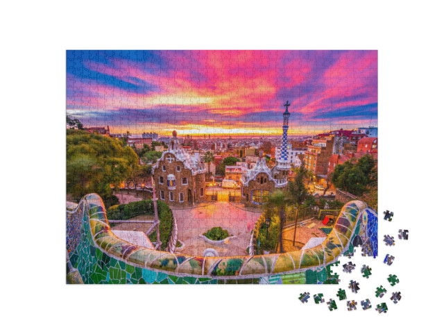 Puzzle 1000 pezzi „Alba su Park Güell, Patrimonio dell'Umanità dell'UNESCO, Barcellona, Spagna“